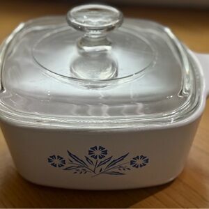 Corningware Pyrex White Glass Casserole Dish with Blue Floral Design